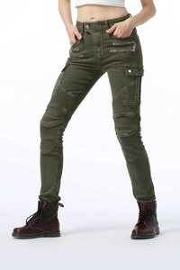 Detail of army green slim fit biker pants with knee pleats and utility cargo pockets