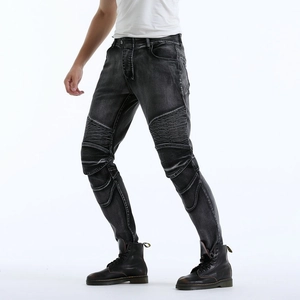 Slim fit men's vintage washed black biker jeans with knee pleats and protection panels