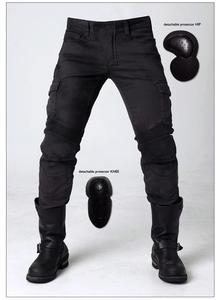 Men's black motorcycle riding jeans with detachable protective hip and knee pads
