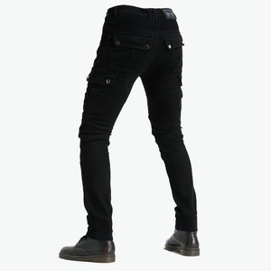 Rear view of black armored motorcycle jeans with cargo pockets and stretch knee panels
