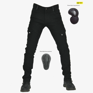 Detail view of motorcycle jeans with detachable CE certified hip and knee protective pads