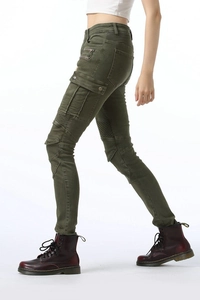 Close-up of military green moto jeans with knee pleats and tactical side flap pockets