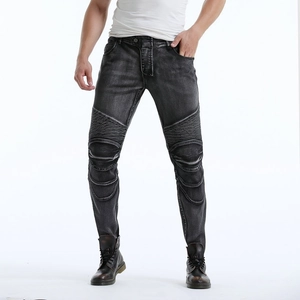 Men's retro motorcycle jeans in grey wash with protective accordion pleats and slim fit