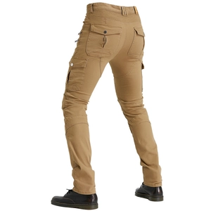 Vista posteriore di jeans da moto kaki con tasche cargo protettive e pannelli elasticizzati