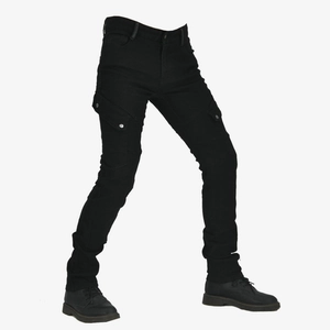 Detail of slim-fit motorcycle cargo pants with large side pockets and matte fasteners