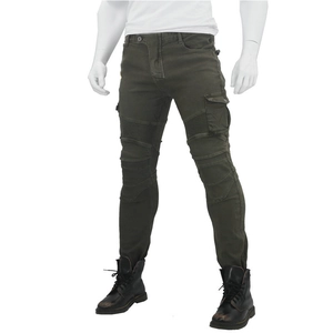 Slim fit men's olive green motorcycle cargo pants with pleated knee panels for riding