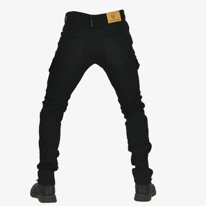 Rear view of slim fit motorcycle jeans featuring cargo pockets and leather logo label