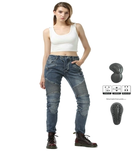 Women's Biker Motorcycle Riding Jeans High Stretch Washed Denim Protective Pants With Removable Knee Pads Slim Fit Outdoor Rider Trousers