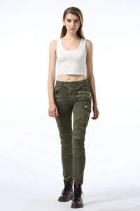 Detail of army green biker cargo pants with pleated knees and metal zipper pockets