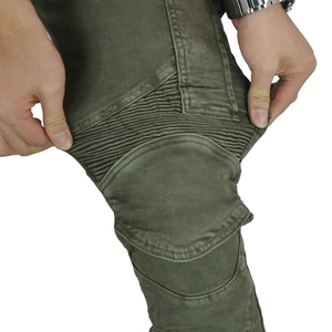 Olive green motorcycle riding pants with stretch accordion panels on the knees for comfort