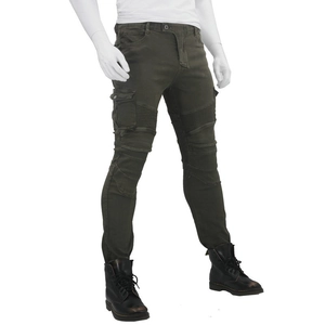 Men's motorcycle cargo riding jeans in olive green with protective knee panels and side pockets