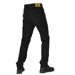 Men's black motorcycle riding jeans with protective stretch panels and cargo pockets