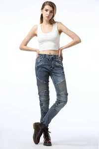 Women's high stretch biker motorcycle jeans in deep blue with elastic pleated knee panels
