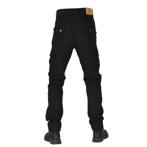 Men's black motorcycle riding jeans with elastic waist back detail and protective design