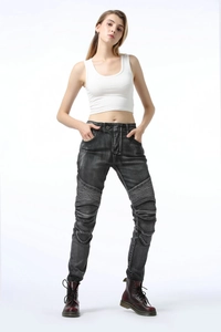 Jean moto gris foncé pour femme avec empiècements extensibles et coupe ajustée