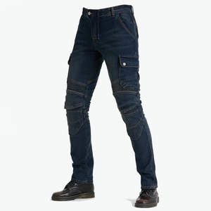 Men's deep blue motorcycle cargo jeans with protective knee pleats and utility pockets