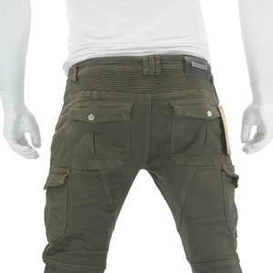 Detail view of army green motorcycle cargo pants with pleated elastic panels and back pockets