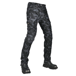 Detailed side view of camo motorcycle riding pants with knee bellows for flexibility