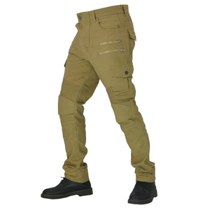 Detail of khaki motorcycle pants featuring protective knee pleats and side metal zippers