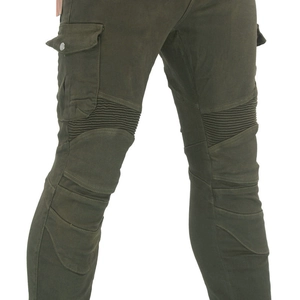 Detail of army green motorcycle jeans with elastic accordion ribbing at the knees