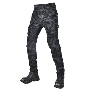 Grey camouflage motorcycle cargo pants with reinforced knee armor and utility side pockets