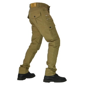 Detail of khaki motorcycle pants with reinforced knee pleats and tactical zip pockets