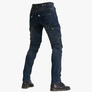 Dark blue motorcycle cargo jeans with protective accordion stretch and multi-pockets