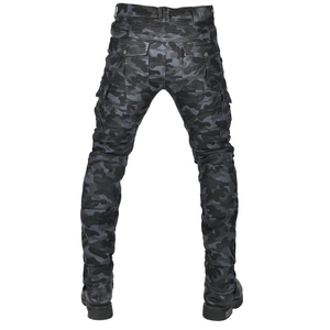 Detail of grey camo motorcycle cargo pants with tactical pockets and stretch knee panels