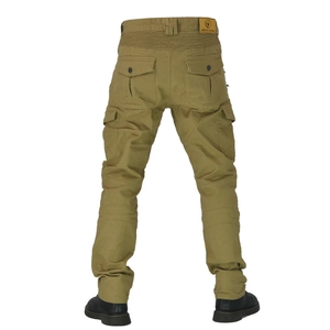 Rear view of khaki motorcycle trousers with stretch panels and functional cargo pockets