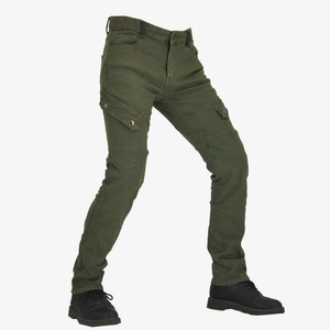Army green slim fit motorcycle pants with cargo pockets and protective knee stitching