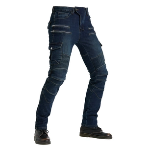Pantaloni da moto in denim blu scuro da uomo con pieghe protettive e tasche cargo