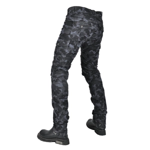 Men's camouflage motorcycle riding jeans with protective knee pleats and cargo pockets