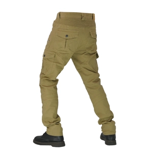 Detail of khaki motorcycle cargo pants featuring flexible accordion panels and utility pockets