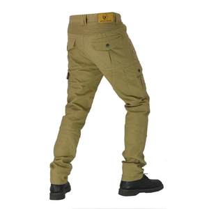 Detail of khaki motorcycle riding pants showing elastic pleats and cargo pockets