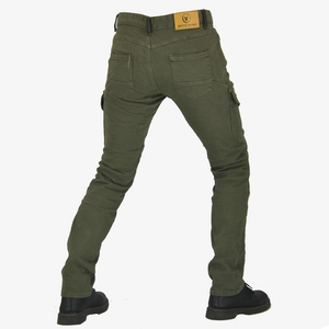 Detail view of olive green motorcycle cargo pants with leather logo and back pockets