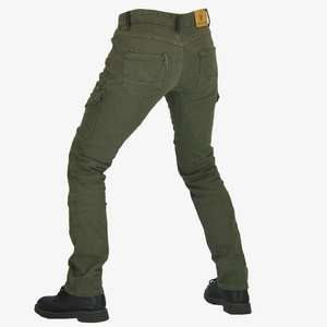 Rear view of slim fit motorcycle cargo pants in army green with leather logo detail