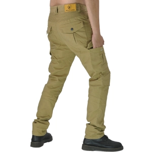 Detail of khaki motorcycle riding pants showing side pockets and reinforced knee pleats