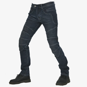 Men's retro motorcycle jeans in dark blue with protective elastic accordion panels