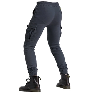 Detail view of charcoal cargo joggers with elastic waistband and large side pockets