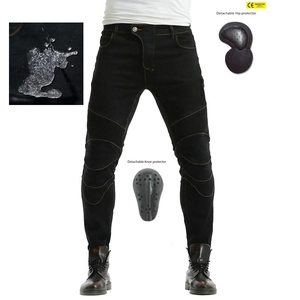 Waterproof motorcycle jeans with accordion stretch knees and detachable CE protectors