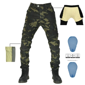 Detail of camouflage motorcycle jeans featuring flexible knee panels and removable protectors