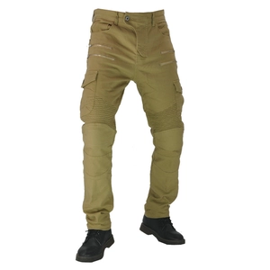 Detail view of khaki motorcycle trousers with cargo pockets and pleated knee panels