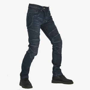 Retro motorcycle jeans with protective stretch panels and slim fit design in blue