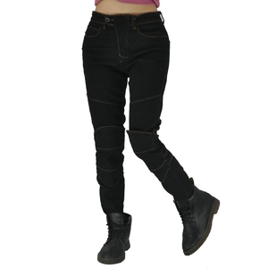 Close-up of women's black motorcycle jeans with pleated knees and contrast stitching