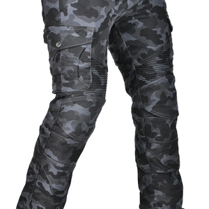 Detail view of motorcycle cargo pants with camouflage pattern and pleated knee armor panels