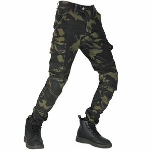 Detail of cargo motorcycle jeans with reinforced knee pleats and large side pockets