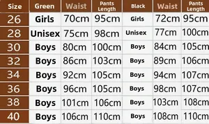 Detailed size chart for motorcycle riding pants including waist and length measurements