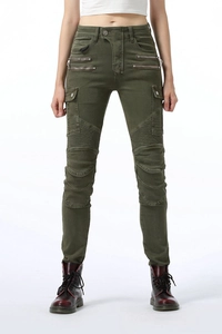 Detail of army green women motorcycle pants showing cargo pockets and knee pleats