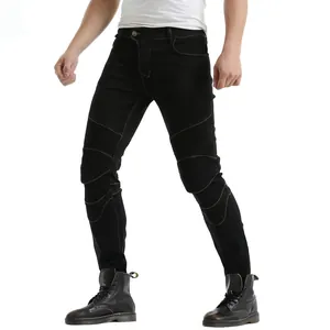 Detail of slim-fit men's motorcycle jeans with protective knee pleats and black finish