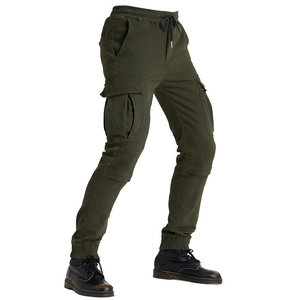 Olive green cargo pants with multi-pockets, elastic drawstring waist and cuffed ankles